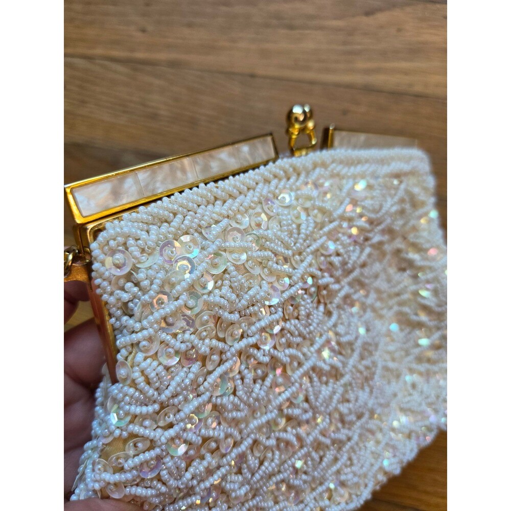 Vintage Beaded sequined Clutch Evening Bag ivory cream color